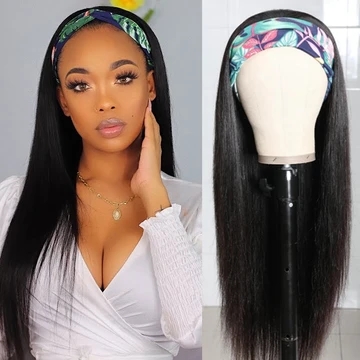 Rosahair Straight Human Hair Wigs With Headbands Attached Non Lace Front Wigs Black Color 150% Density